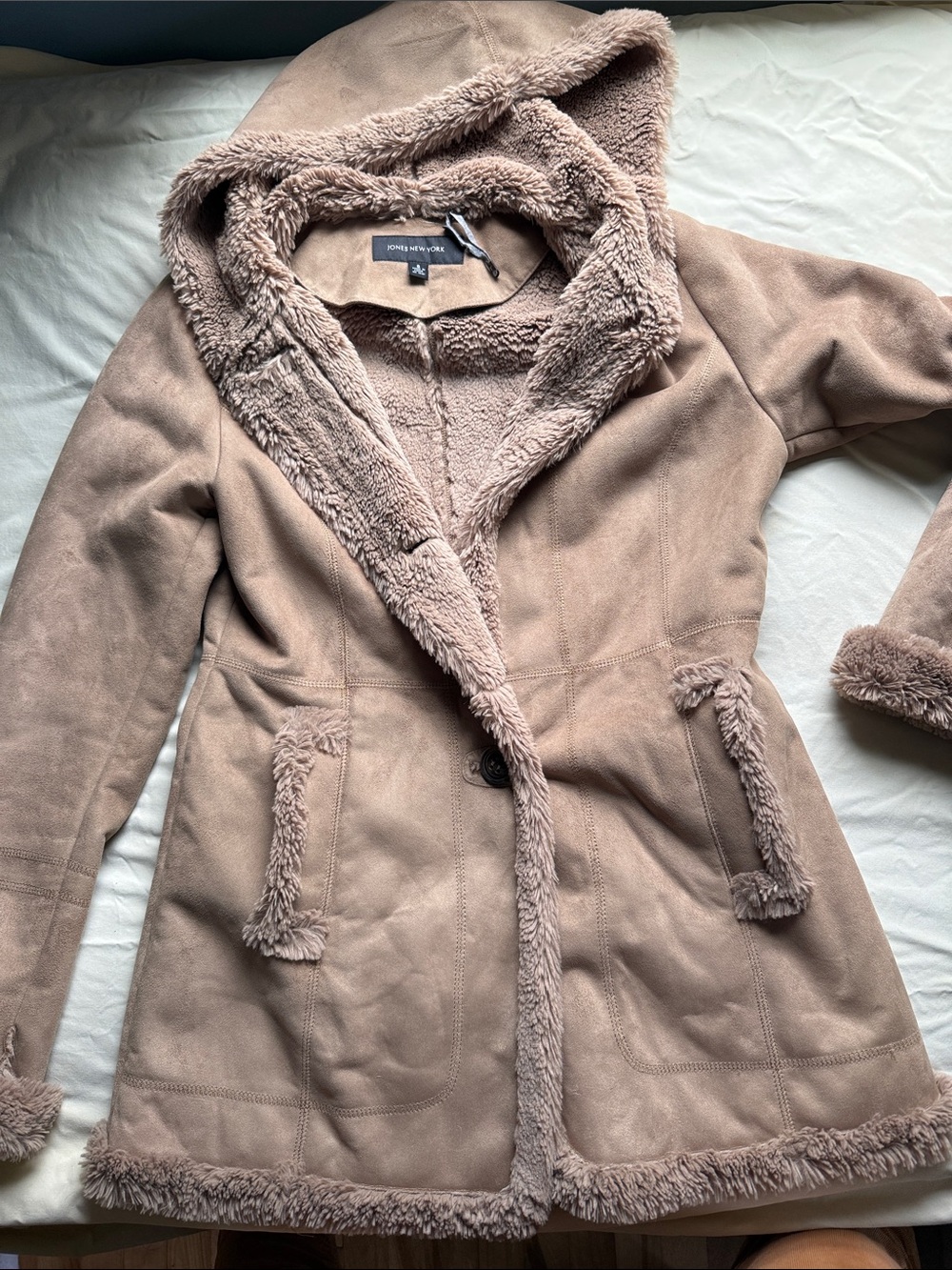 Jones New York Faux Shearling Coat Womens S Camel Hooded Sherpa Trim Suede